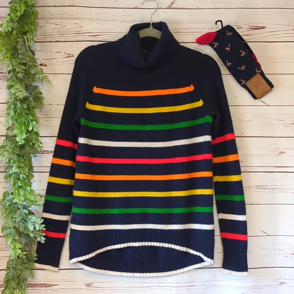 J. Crew XS Rainbow Multistripe‎ Supersoft Yarn Turtleneck Sweater Pride Cozy